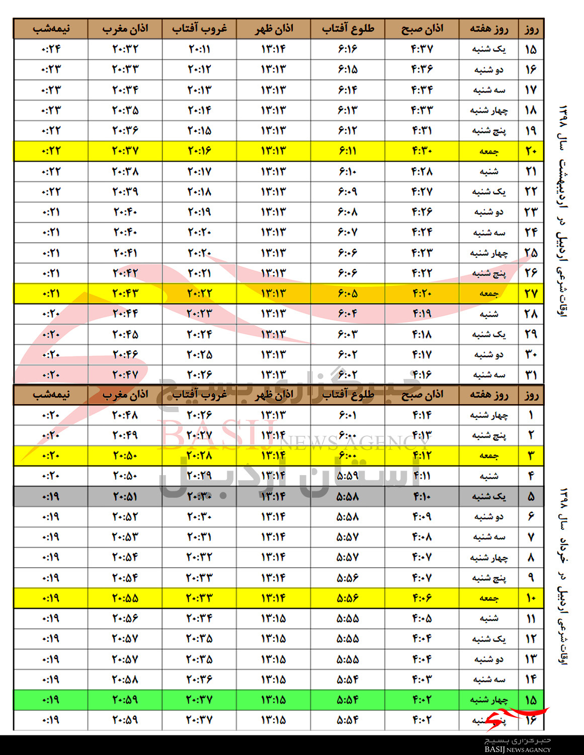 اوقات شرعی ماه مبارک رمضان ۱۴۴۰- شهر اردبیل+جدول اوقات شرعی ماه مبارک رمضان ۱۴۴۰- شهر اردبیل+جدول