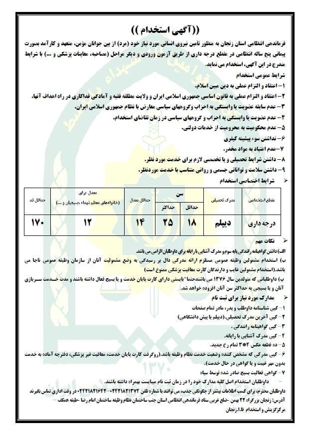 جذب نیرو در مقطع درجه داری و افسری انتظامی استان زنجان