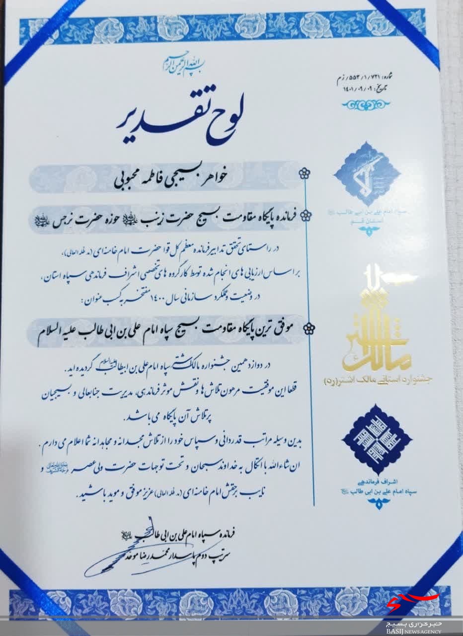 پایگاه بسیج حضرت زینب(س) به‌عنوان پایگاه برتر قم تقدیر شد