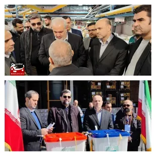 حضور وزیر و معاونین وزارتخانه صمت و مسئولین سازمان بسیج کارگران و کارخانجات ، سازمان بسیج مهندسین صنعت و معدن در صندوق&zwnj;های اخذ رای شهرک صنعتی شمس آباد